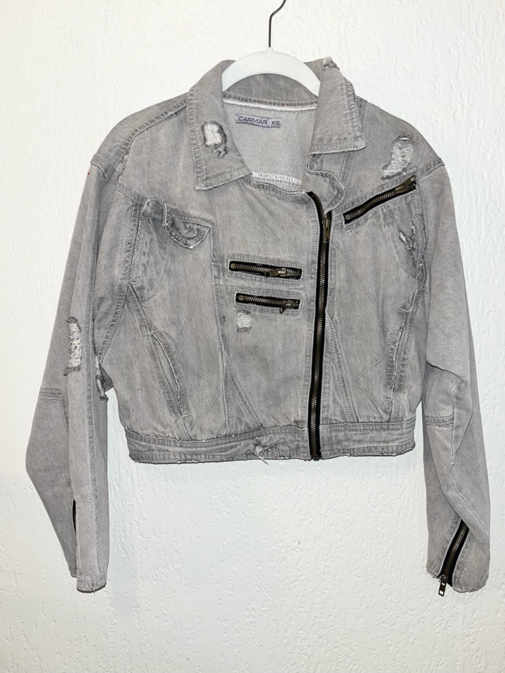 Carmar Light Gray Distressed Cropped Denim Jacket SZ- XS